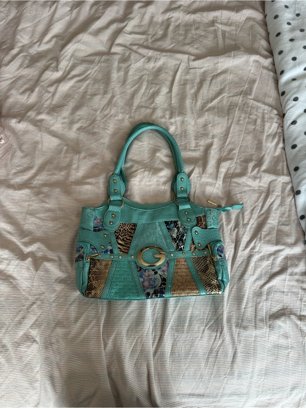 Y2K Guess Turquoise Patchwork Tote Bag with Gold Accent